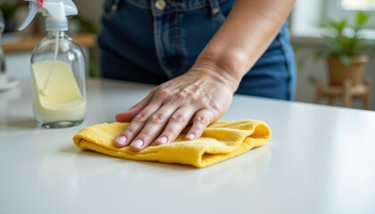 Hand is cleaning surface with yellow cloth, showcasing moment of tidiness and care. cleaning spray bottle is nearby