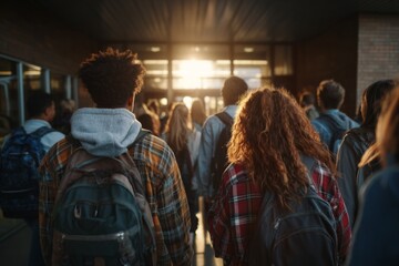 Fototapeta premium Group of students walking into a school building during back-to-school season