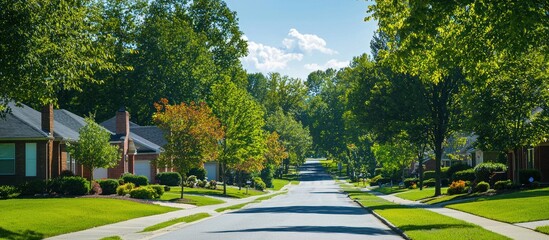 Fototapeta premium Residential street with houses and green trees on a sunny day