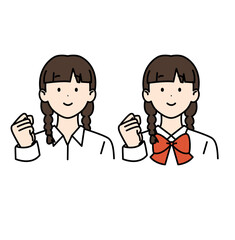 三つ編みの女子高生 ワイシャツ リボン 頑張る