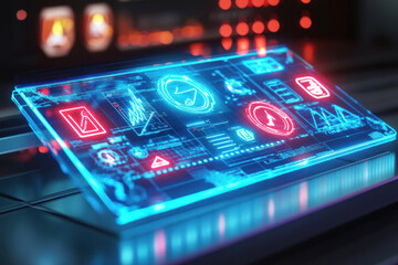 Futuristic digital interface displaying data and controls in a modern technological environment