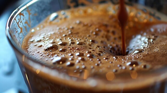Close up of an espresso shot being brewed with rich crema forming on top