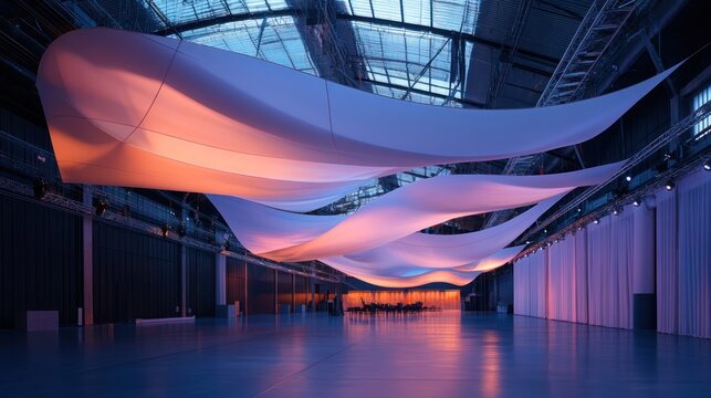 Large event hall displaying fabric installations with dramatic lighting effects