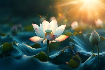 Serene Lotus Flower Blooming at Sunrise in a Peaceful Natural Setting