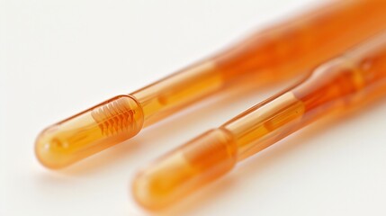 Fototapeta premium Close up of an interdental brush positioned between two artificial teeth demonstrating plaque removal isolated on a white background