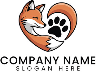 Cute Fox Heart Paw Print Logo Design Illustration pet icon  
