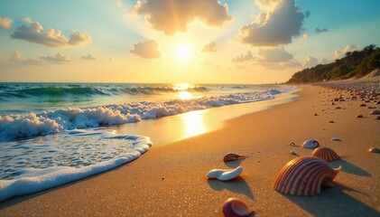 Golden hour sunlight bathes a deserted beach, the last rays of summer fading as the tide rolls in, leaving seashells scattered on the sand A nostalgic end-of-summer scene , sea, calm, travel