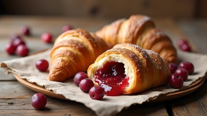 Cranberry Croissant with Cranberry Sauce Filling Exposed on Wooden Table – Flaky Pastry with Whole Cranberries, Perfect for Snack or Dessert