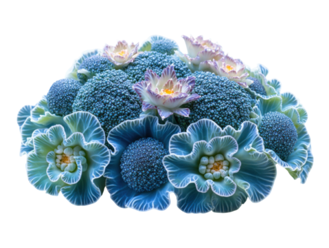 A bouquet of flowers and broccoli arranged in a vase