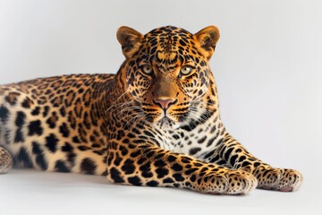 Naklejka premium The leopard, with its striking eyes and distinct spots, gives off an air of power and focus, set against a neutral background.