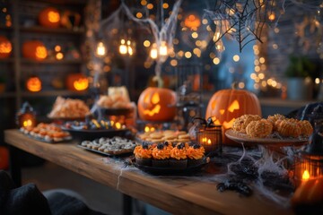 Indoor Halloween party table filled with themed snacks, candies, and spooky decorations