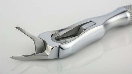Close up of an orthodontic ligature cutter with a sharp angled tip isolated on a white background
