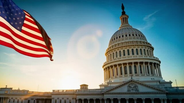 US Capitol Building Stands with Soaring Flag