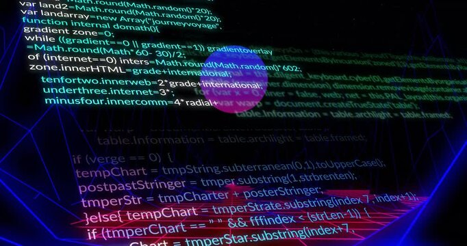 Opening on red neon grid, code fading, scrolling, sphere pulsing, drifting, visualizing cyberspace
