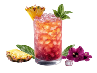 A glass of pink drink with a pineapple slice on top