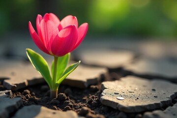 Obraz premium A vibrant close-up of a single, blossoming flower pushing through cracked earth, symbolizing rebirth and transformative growth , change, hope, future