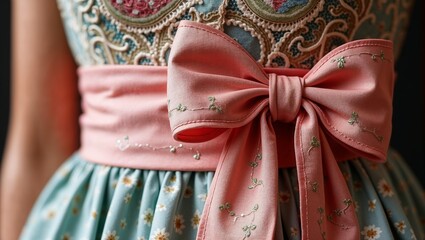 Elegant dress detail with colorful embroidery and a pink bow, showcasing exquisite fashion design
