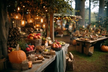 Outdoor market stall decorated with pumpkins, gourds, and autumn produce