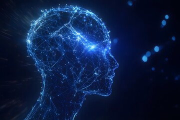 Futuristic glowing human face with connected lines illustrating neural networks and ai