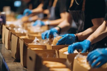 People packing food boxes with protective gloves