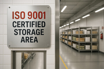 Stainless steel sign indicating ISO 9001 certified storage area in food processing plant with organized metal shelving and clean, well-lit certified warehouse space..