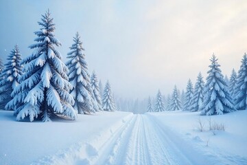 Fototapeta premium Serene snowfall blankets a pristine, untouched landscape Silent, snow-covered trees stand tall against a pale winter sky Perfect for winter wonderland themes , serene, forest, white