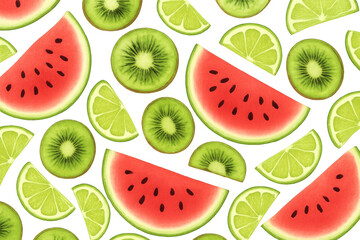 Vibrant watermelon, kiwi, lime slices creating seamless summer pattern against transparent backdrop for fresh graphic designs