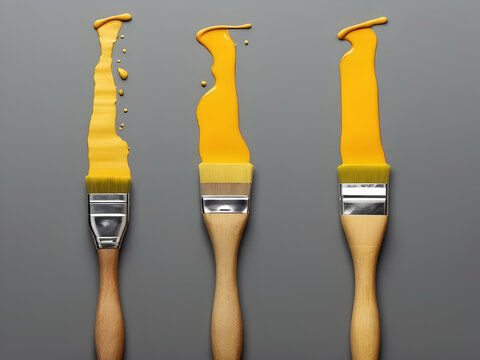 Paintbrushes are painting yellow stripes splashes and smears of paint on a white background, creating a vibrant contrast and showcasing a creative painting process