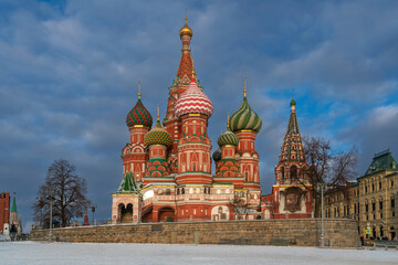 View of St. Basil's Cathedral (Cathedral of Vasily the Blessed) as viewed from Vasilyevsky Descent Square on a sunny winter day, Moscow, Russia
