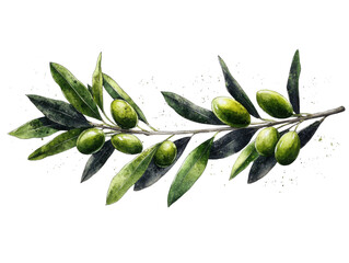 A drawing of a branch with green leaves and green olives