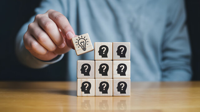 A Close-up of a Hand Placing a Wooden Block with a Lightbulb Icon Above Other Blocks with Question Mark Silhouettes, Concept for Creative Idea, Decision Making, and Problem Solving