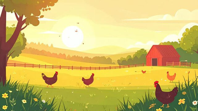 Sunny farm scene with chickens, barn, rolling hills, and warm colors