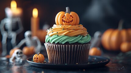 Halloween cupcake with pumpkin decoration