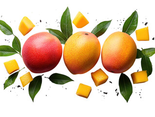 Three mangoes with green leaves on top of a white background