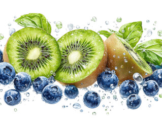 A close up of a blueberry and kiwi fruit
