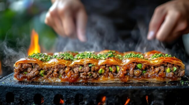 Grilled baklava with warm, savory meat filling