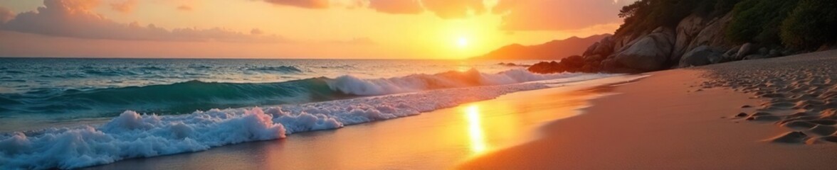 Naklejka premium Serene coastal beach scene at sunset, with soft golden light illuminating the tranquil ocean waves and sandy shore Perfect for travel, vacation, or nature themes , seascape, tropical