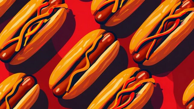 A vibrant, stylized illustration showcases multiple delicious hot dogs against bold red background, each topped with flavorful condiments.cartoon style