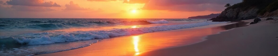 A tranquil beach scene at sunset, waves gently lapping the shore; ultimate serenity and escape from daily pressures Perfect for relaxation, mindfulness, and peaceful themes , travel, water