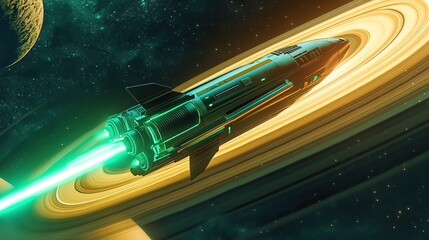 A sci-fi rocket shooting past Saturnâ€™s rings, glowing green thrusters illuminating space