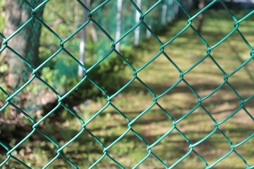 Chain link fence with green grass.