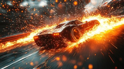 A racing car zooming past the finish line, flames and sparks in the air