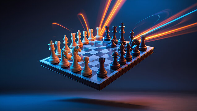 A partially exploded-view chessboard showing an iconic combination frozen in mid-motion with glowing movement trails.