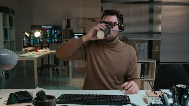 Medium POV shot of confident Caucasian male fraudster impersonating as financial adviser conducting video call with victim, persuading to invest saving into fake scheme, tempting with lucrative profit