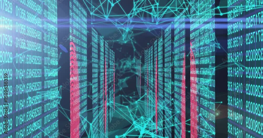 Poster at start binary panels appearing, network mesh forming, digits scrolling, camera drifting immersing