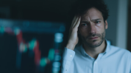 Stressed Businessman: A man sits at his desk, hand on his forehead, looking stressed. A computer screen showing a stock market graph is in the background.