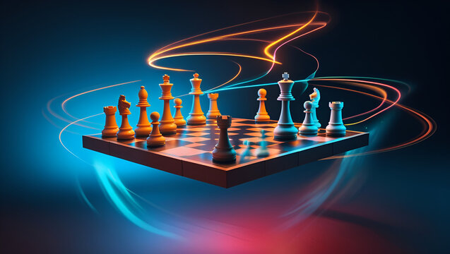 A partially exploded-view chessboard showing an iconic combination frozen in mid-motion with glowing movement trails.