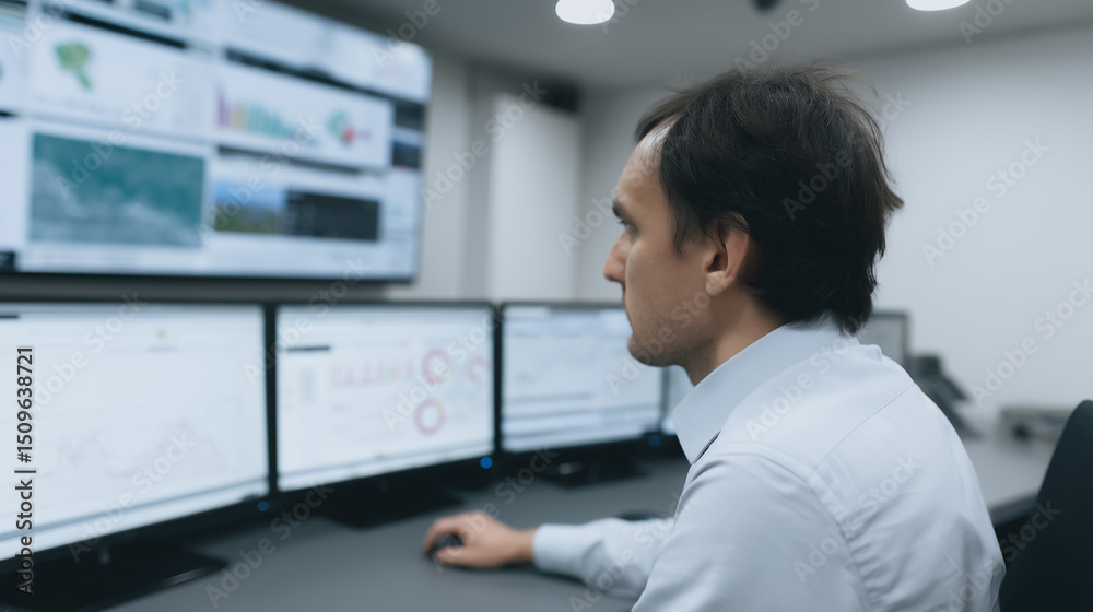 Poster analyst monitoring data: a focused male analyst intently monitors multiple computer screens displayi