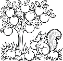 Fototapeta premium A black and white illustration of a squirrel holding an apple under an apple tree with fallen apples