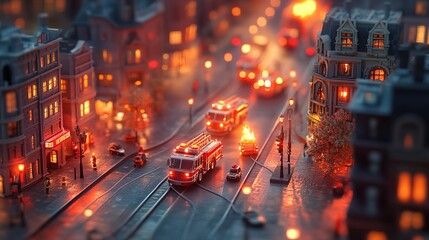 A micro fire station with tiny fire trucks responding to a candle flame